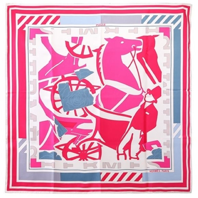 Hermes 爱马仕粉色系抽象图案真丝丝巾